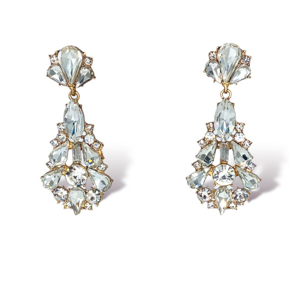 NEW Badgley Mischka Gold Crystal Drop Bridal Dangle Earrings Art Deco Chunky - Picture 3 of 6